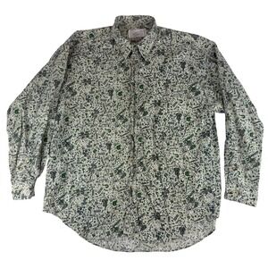Sahara Club Button Down Shirt Mens Large Green Musical Instrument Print Cotton